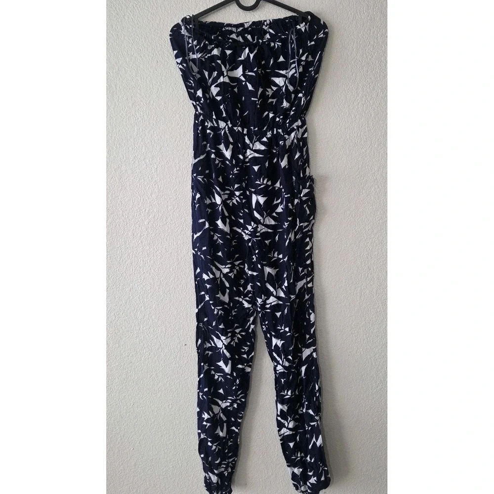 Roxy Women's Navy White Tropical One-Piece Jumpsuit Pantsuit Tube Top Size Small